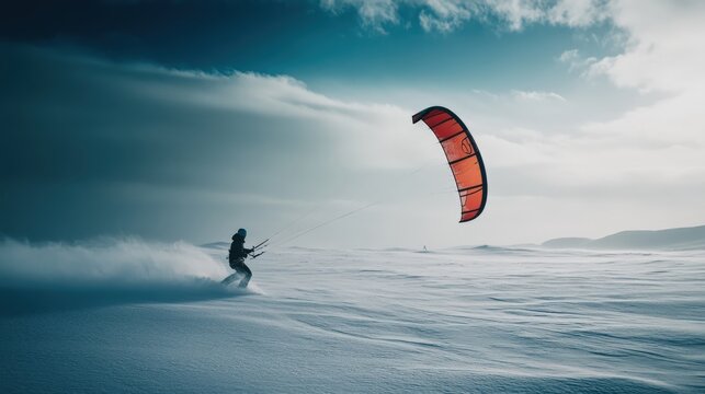 Person kitesurfing on snow-covered terrain.