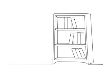 Single line drawing a three-shelf bookcase filled with books library reading