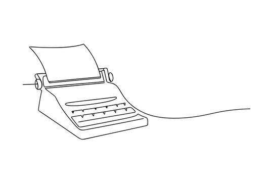 Single line drawing a vintage typewriter with paper machine writing
