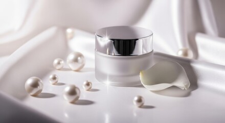 Frosted glass jar with silver lid surrounded by pearls and white silk fabric cosmetic jar skincare