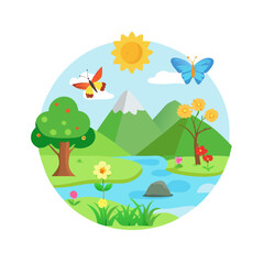Naklejka premium Colorful cartoon nature scene with mountains, river, and flowers 