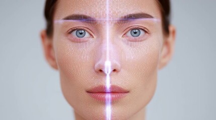 Female model with digital facial mapping technology, showcasing progressive facial analysis through illuminated grid patterns, emphasizing innovation in biometric identification and technology - Powered by Adobe