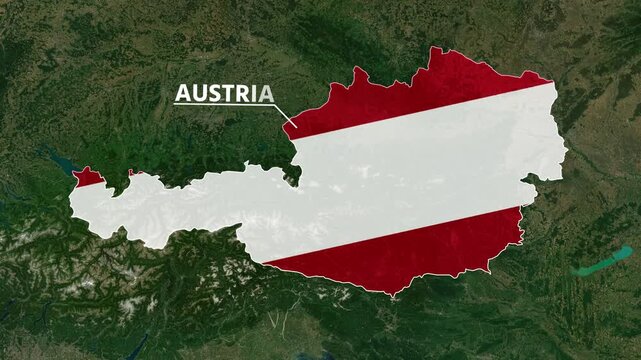 Zoom from Earth to Austria. (Country Flag) World map animation with highlighted country borders. Satellite 3d world map animation highlights aerial views, tourism, and travel. 4k