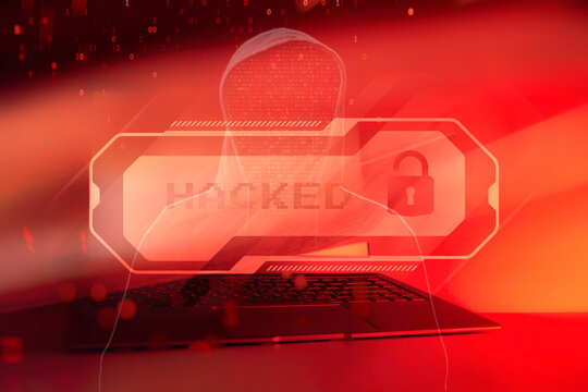 Concept of cyber attack and data breach. Anonymous hacker in hoodie using a laptop with digital binary code overlay, red warning alert with Hacked text, and futuristic interface elements.