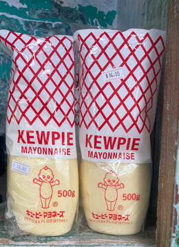 COSTA MESA, CALIFORNIA - 10 AUG 2025: Two packages of Kewpie Mayonnaise an umami style mayonnaise with a refreshing aroma and a tangy depth of taste.