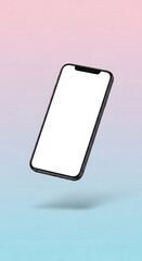 Isolated black smartphone with blank white screen floating against a gradient pink and blue background