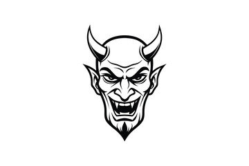 Obraz premium Black and white illustration of three different devil faces with horns and angry facial expressions on white background silhouette