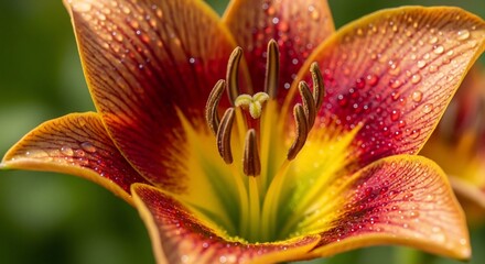Radiant Heart of a Bicolor Lily Glistening with Sunlit Dewdrops