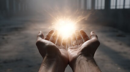 Open hands cupped upwards receiving bright light and radiating energy in  dim atmospheric space with  dark blurred background and concrete floor