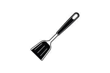 Black and white illustration of a kitchen spatula with a long handle and flat head on white background silhouette