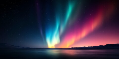 Vibrant aurora borealis over tranquil water, illuminating the night sky with colorful waves of light.