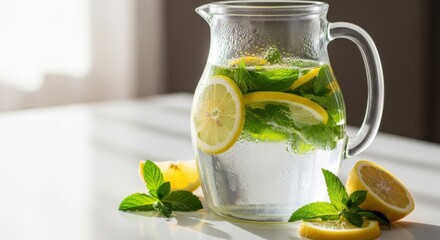 Glass pitcher filled with refreshing lemon and mint infused water with fresh lemon slices and mint leaves scattered around