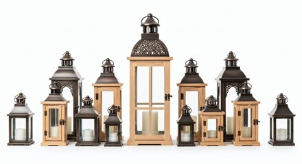 A large collection of decorative wooden and metal lanterns in various sizes, arranged in a row against a clean white background.