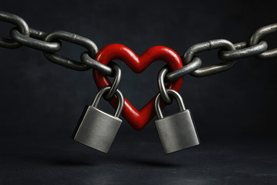 Red heart shape connected by chains and padlocks on a dark textured background love