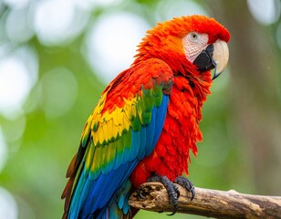 Fototapeta premium Colorful Scarlet Macaw Parrot Perched on Branch in Tropical Jungle 
