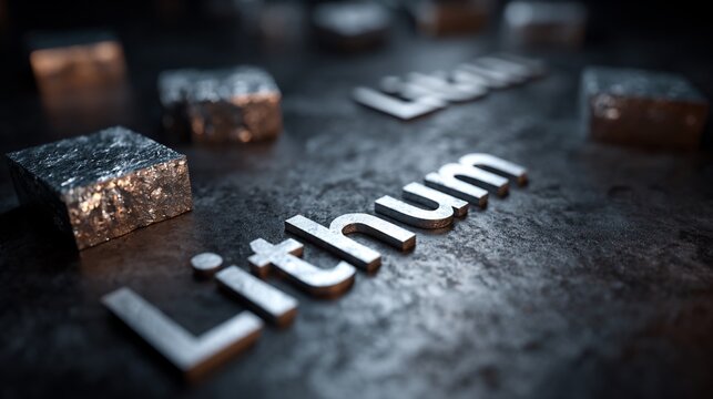 Metallic lithium cubes and text on textured surface, chemistry theme, in background