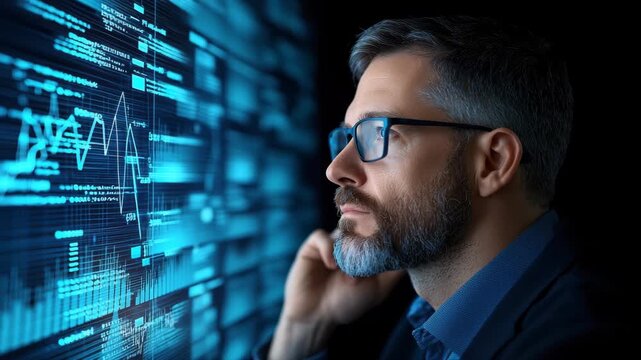 Focused adult man with beard and glasses analyzing technology data and code computer screen, digital business professional