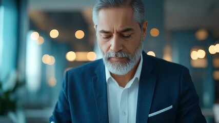 Mature man with gray hair and beard business suit office, serious and thoughtful professional executive using digital tablet - Powered by Adobe