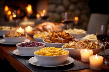 Thanksgiving Dinner Table with Traditional Festive Dishes
