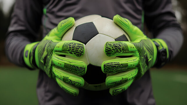 Closeup of a soccer goalkeeper wearing neon green gloves holding a soccer ball.