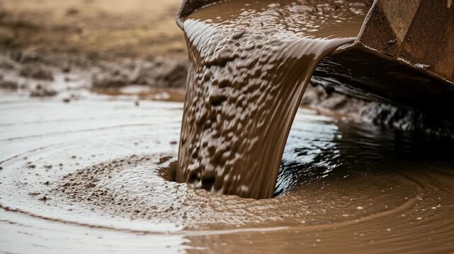 Thick mud pours in slow motion, showcasing its rich texture and elegant patterns as it flows