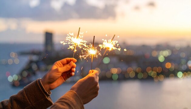 Close-up of hands holding sparklers against a blurred evening city background