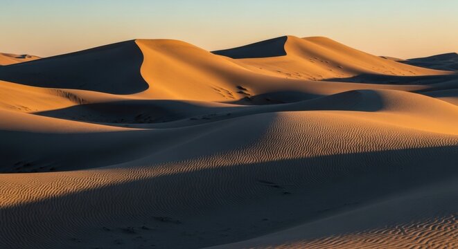 Golden desert sand dunes at sunset with rippled textures and long shadows golden hour landscape