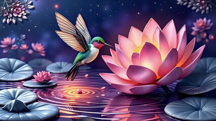 Fototapeta premium Hummingbird flying over a lotus