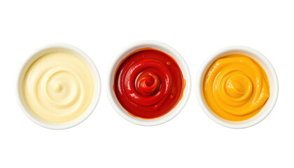 Mayonnaise, ketchup, and mustard sauces in white bowls with smooth texture and vibrant colors, perfect for dipping or cooking