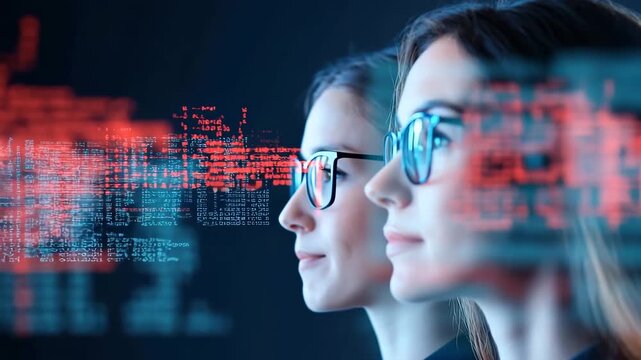 Two women with glasses focus digital code, technology, innovation, and computer programming, reflecting determination