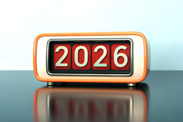 Fototapeta premium An orange retro digital alarm clock displaying the year 2026, symbolizing future time and new beginnings for planning