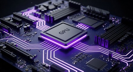 Modern GPU on motherboard showing vibrant neon pathways for maximum processing power and innovative technology