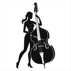 Fototapeta premium Silhouette of a female musician kneeling, singing into a microphone while playing a large string instrument (cello or bass); bold black-and-white vector art; dramatic stage performance