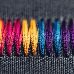 Close-up of vibrant colored embroidery stitches on dark fabric