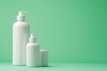 Three minimalist white bottles are elegantly arranged in a staggered design on a soft pastel green background. This composition is a modern showcase of simplicity and clean aesthetics.