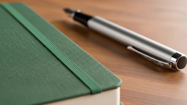 Green notebook with silver pen, perfect for journaling and planning, workspace details