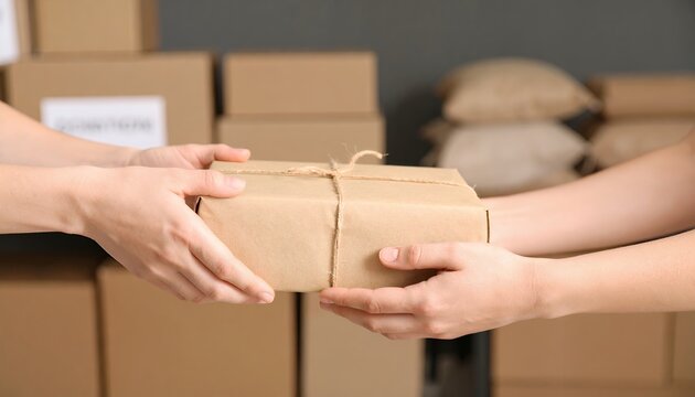 Courier handing over a wrapped parcel to a recipient's hands.