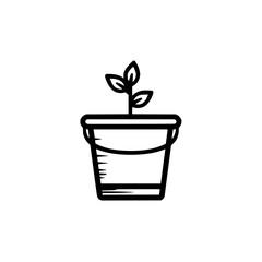 Plant with leaves in a bucket icon vector illustration in black and white minimalist style drawing design
