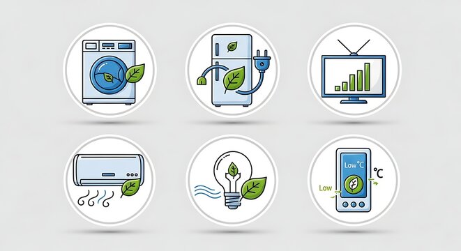 Eco Friendly Appliances and Technology Icons with Green Leaves energy saving