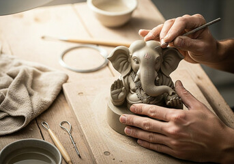 An artisan's hands meticulously sculpt a clay Ganesha idol with fine tools. This image beautifully captures the craftsmanship and devotion behind traditional idol-making.