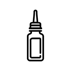 Illustration of a bottle with a dropper top and a rectangular label area in simple black outline style