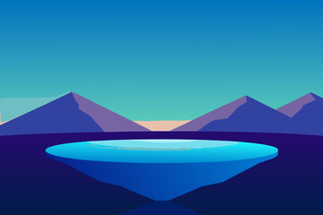 Surreal floating island with a pool of water against a mountainous backdrop