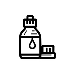 Obraz premium A line drawing illustration of a bottle with a dropper and a cap next to the bottle on a white background