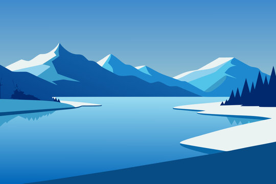 Serene winter landscape with snow capped mountains and calm blue lake