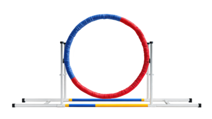 Colorful interlocking rings, a vibrant display of red, blue, and yellow on simple stand