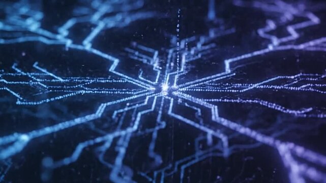 Intricate blue  purple circuit pattern centralized design with branching lines dark backdrop
