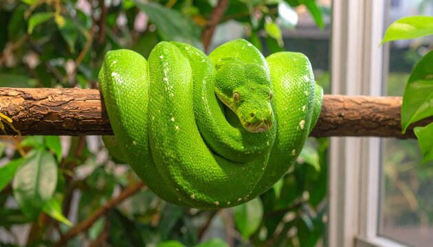 Green tree python coiled on branch.