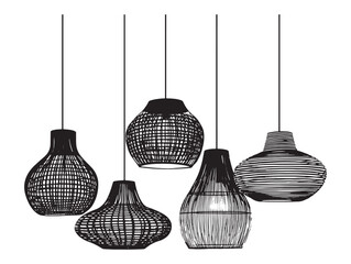  Rattan hanging lamp line art 