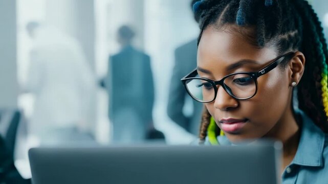 Young African American woman with multi colored dread locks in front of laptop monitor in office. Engaged in her work, she reflects the balance of creativity and diligence.