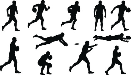 Rugby player silhouettes in action, vector icons of men running, catching, diving, passing, and tackling with rugby ball.